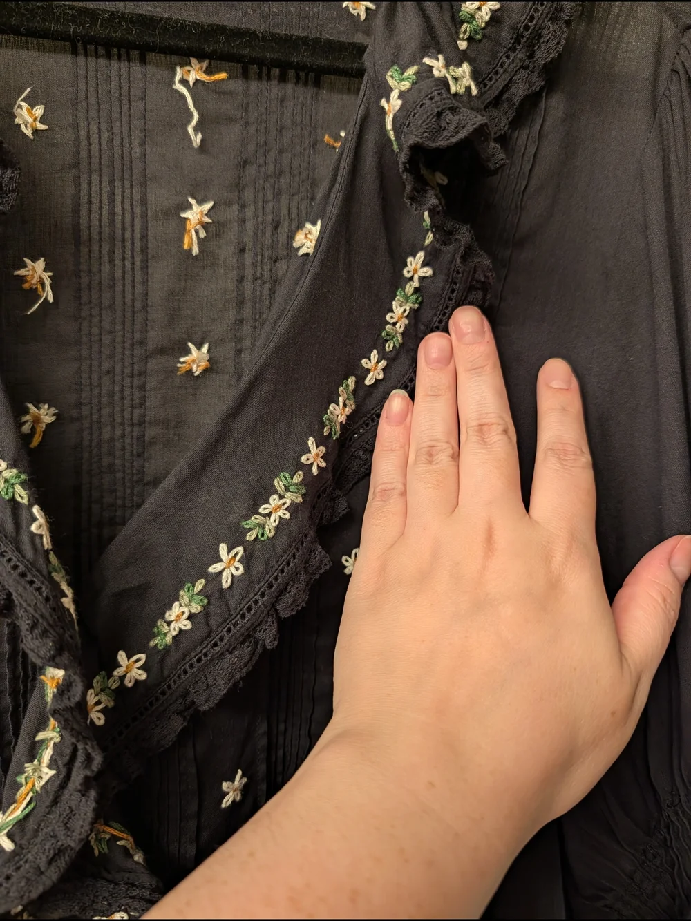 Doen Hettie Black Ruffled Blouse with White & Green Floral Trim